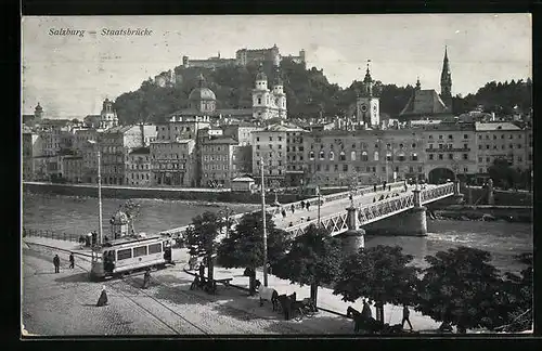 AK Salzburg, Strassenbahn an der Staatsbrücke
