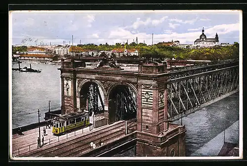 AK Mannheim, Strassenbahn auf der Rheinbrücke