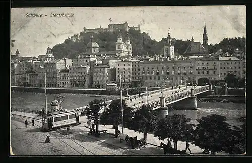 AK Salzburg, Die Staatsbrücke mit Strassenbahn