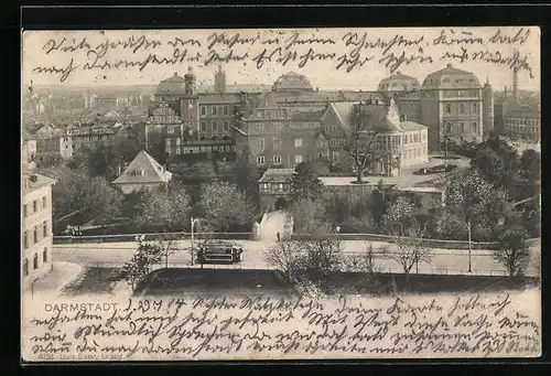 AK Darmstadt, Ortspartie mit Strassenbahn