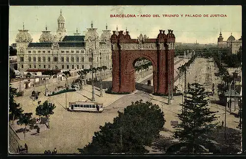 AK Barcelona, Arco del Triunfo y Palacio de Justicia, Strassenbahn