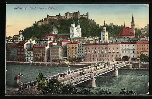 AK Salzburg, Strassenbahn und Festung, Uferpartie