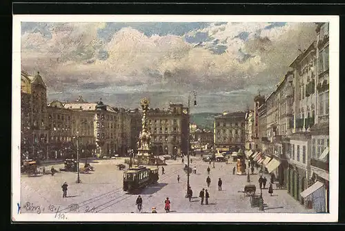 AK Linz a. d. D., Kaiser-Franz-Josef-Platz mit Strassenbahn