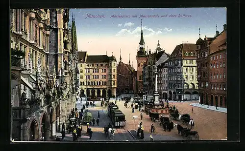 AK München, Strassenbahn auf dem Marienplatz, altes Rathaus