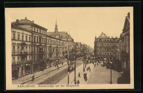 AK Karlsruhe, Strassenbahn auf der Kaiserstrasse, Hauptpost