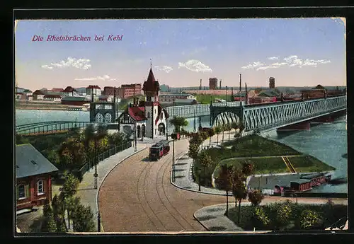 AK Kehl, Strassenbahn vor der Rheinbrücke