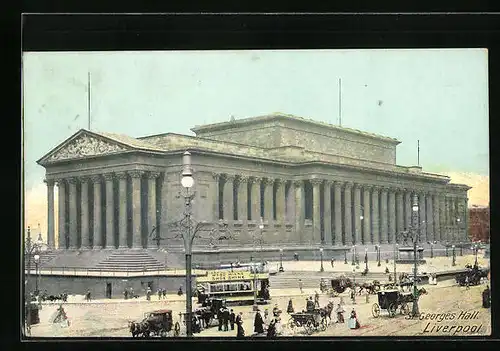 AK Liverpool, St. Georges Hall, Strassenbahn, Pferdewagen