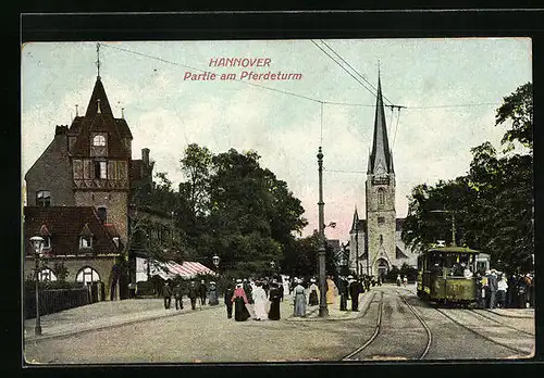 AK Hannover, Gelbe Strassenbahn am Pferdeturm