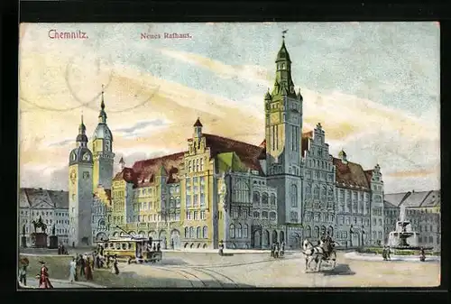 AK Chemnitz, Strassenbahn und Kutsche vor dem Neuen Rathaus
