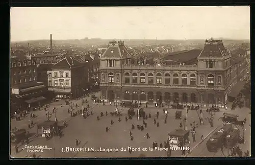 AK Bruxelles, La gare du Nord et la Place Rogier, Strassenbahn