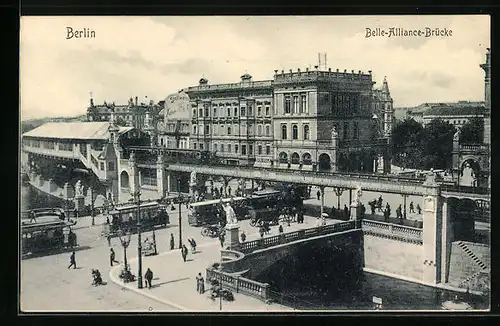 AK Berlin, Strassenbahnen auf der Belle-Alliance-Brücke