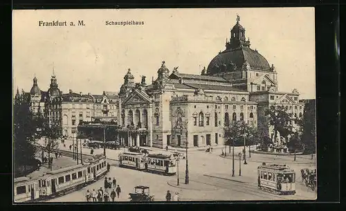 AK Frankfurt a. M., Strassenbahnen vor dem Schauspielhaus