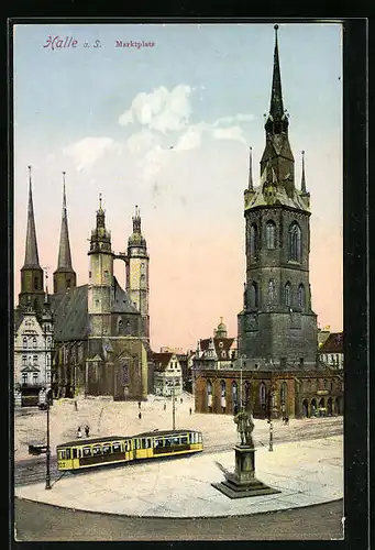 AK Halle a. S., Marktplatz mit Strassenbahn