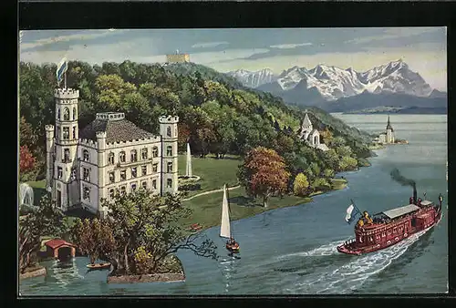 Künstler-AK Starnbergersee, Schloss Berg, Zugspitze, Dampfer
