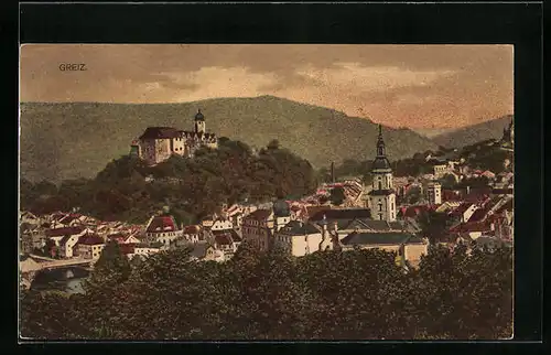 AK Greiz, Blick über die Dächer bei Abendrot