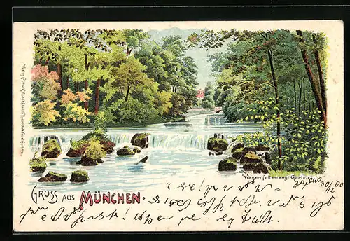 Lithographie München-Schwabing, Wasserfall im englischen Garten