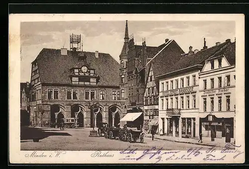 AK Minden i. W., Rathaus mit Hotel Stadt Hannover