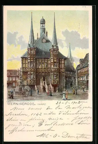 Künstler-AK Wernigerode i. Harz, Ansicht des Rathauses