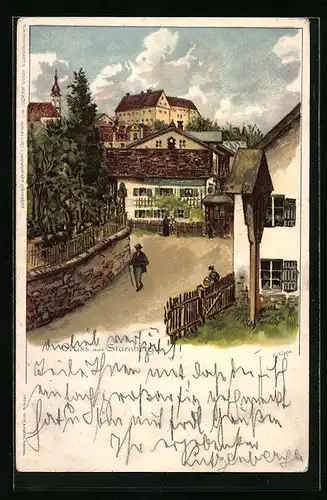 Künstler-AK Starnberg, Ortsansicht mit Wanderer