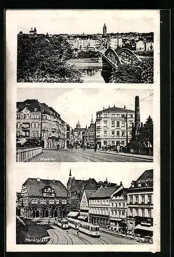 AK Minden i. W., Weserbrücke, Strassenpartie am Wesertor, Marktplatz, Strassenbahn