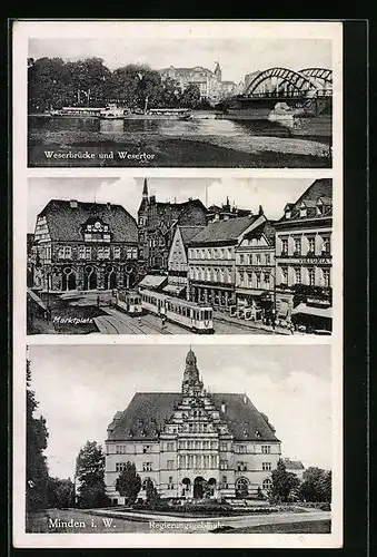 AK Minden i. W., Regierungsgebäude, Marktplatz, Weserbrücke und Wesertor, Strassenbahn