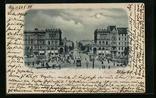 Mondschein-AK Berlin, Strassenbahn am Halleschen Tor