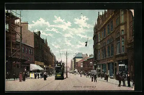 AK Sheffield, Fargate, Fussgängerzone mit Strassenbahn