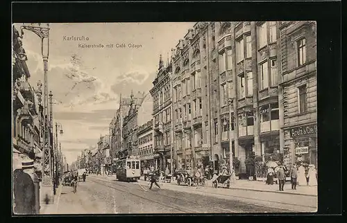 AK Karlsruhe, Strassenbahn in der Kaiserstrasse mit Cafe Odeon