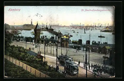 AK Hamburg-St. Pauli, Strassenbahn an den Landungsbrücken