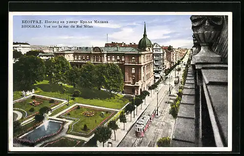 AK Beograd, Vue sur la rue du Roi Milan, Strassenbahn