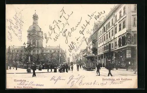 AK Mannheim, Breitestrasse mit Kaufhaus und Strassenbahn