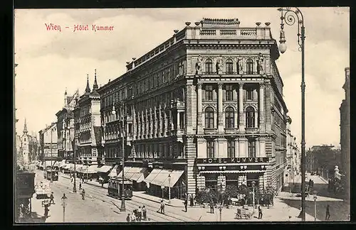 AK Wien, Hotel Kummer mit Strassenbahnen