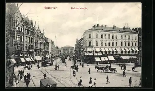 AK Hannover, Bahnhofstrasse mit Strassenbahn