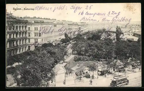 AK Brünn, Bahnring mit Strassenbahn aus der Vogelschau