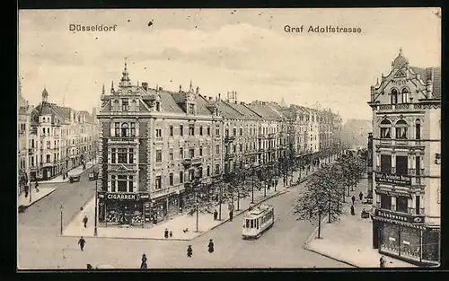 AK Düsseldorf, Graf Adolfstrasse mit Strassenbahn aus der Vogelschau