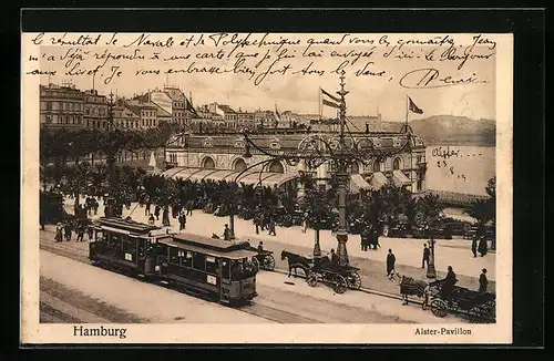 AK Hamburg, Alster-Pavillon, Droschken und Strassenbahn