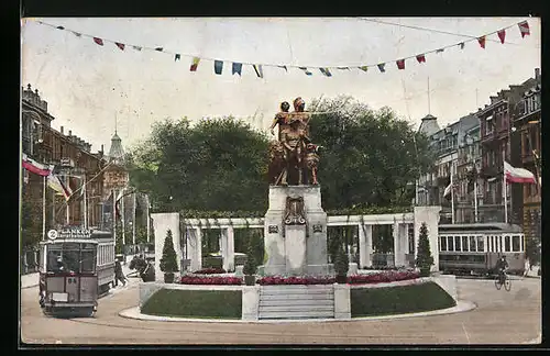 AK Mannheim, Monumentalbrunnen am Karlsring mit Strassenbahn