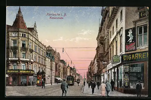AK Karlsruhe i. B., Kaiserstrasse mit Strassenbahn