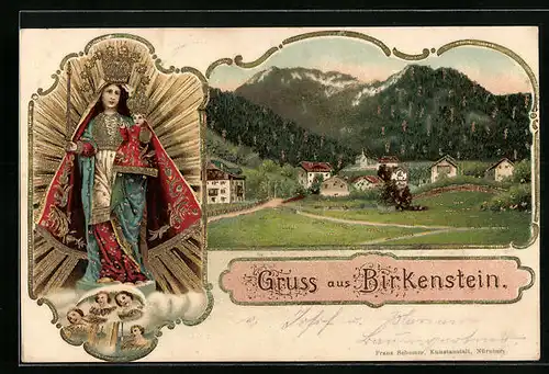 Passepartout-Lithographie Birkenstein, Ortsansicht, Madonna mit Kind, Goldglitzer