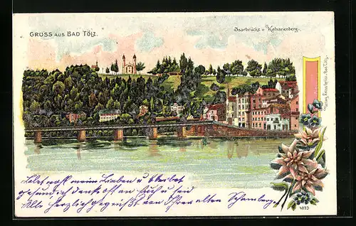 Lithographie Bad Tölz, Isarbrücke und Kalvarienberg