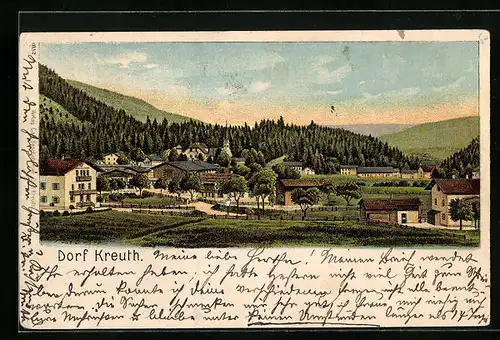 Lithographie Dorf Kreuth, Ortsansicht mit Abendhimmel