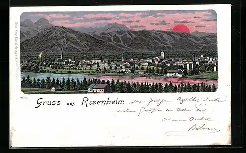 Lithographie Rosenheim, Ortsansicht mit roter Sonne