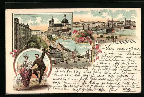 Lithographie Mannheim, Schillerplatz, Neckarbrücke, Planken, Paar auf einem Tandem