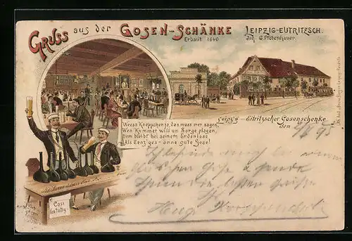 Vorläufer-Lithographie Leipzig-Eutritzsch, 1895, Gasthaus Gosen-Schänke - Gebäude, Inneres, Fröhliche Zecher