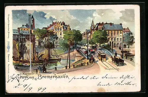 Künstler-AK Bremerhaven, Geestebrücke mit Kutschen und Strassenbahn