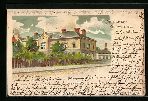 Lithographie München-Schwabing, Krankenhaus von der Strasse gesehen