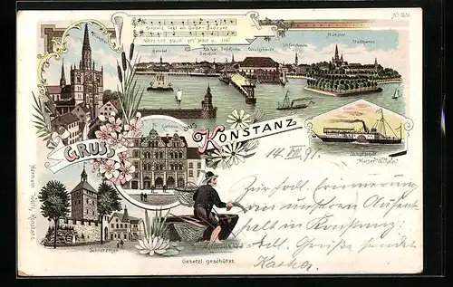 Lithographie Konstanz, Panorama mit Bahnhof, Fischer, Schnetzthor