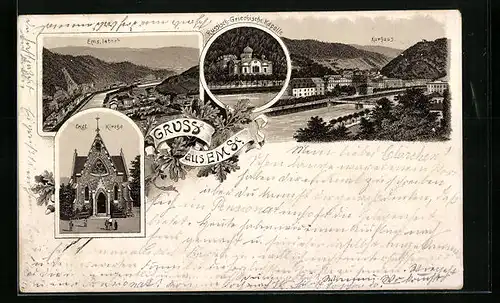 Lithographie Ems, Englische Kirche, Ortsansicht mit Ems