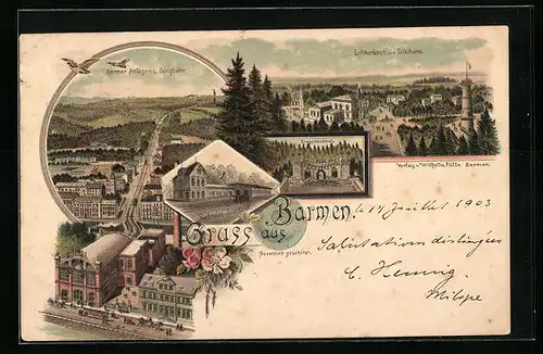 Lithographie Barmen, Barmer Anlagen und Bergbahn, Bahnhof, Luftkurhaus