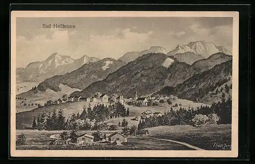 Künstler-AK Eugen Felle: Bad Heilbrunn, Ortsansicht mit Bergpanorama